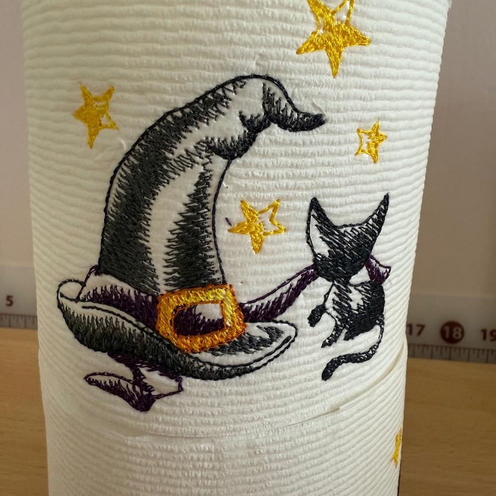holiday embroidered toilet paper, witches hat and kitten for Halloween